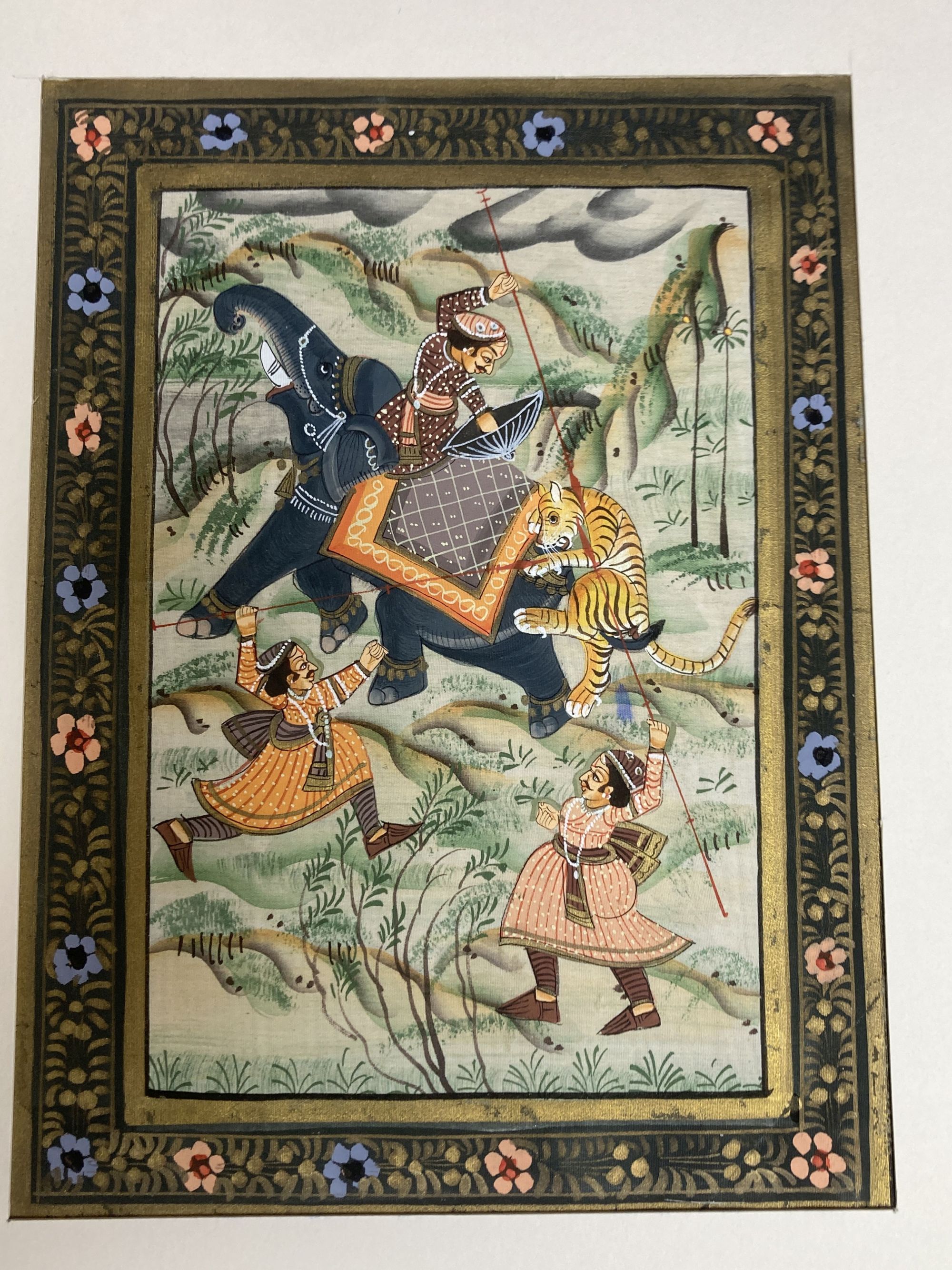 Persian School, 3 gouache on paper and silk, Hunting scenes and noblemen in a garden, largest 26 x 19cm, unframed